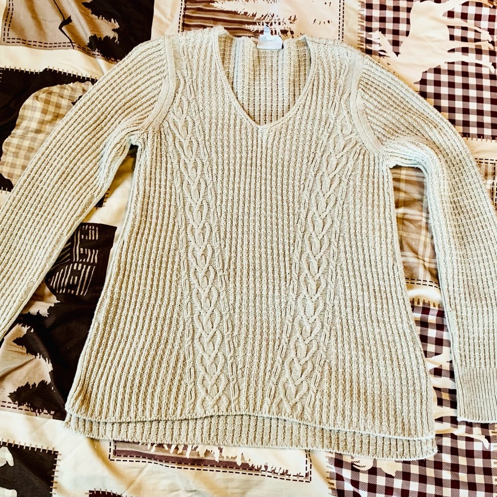 St. John’s Bay V-neck tan sweater.